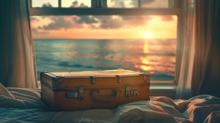 A beautiful sunset seascape on a suitcase that was opened on the bed 