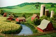 farm landscape with three-dimensional elements, rural landscape with farm fields and domestic animals