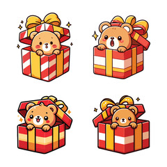 Cute cartoon characters of a little brown bear in a big red gift box and a big yellow bow. cartoon illustration on a white background.