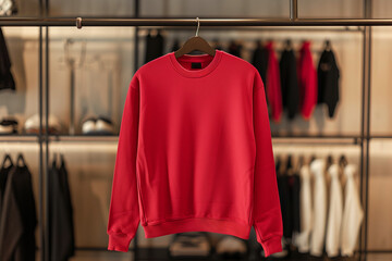 Wall Mural - Mockup of red cotton sweatshirt on coat rack on luxury retail space background