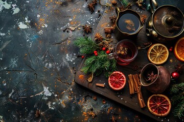 Hot mulled wine for winter and Christmas with various spices. Preparing for the Christmas holidays