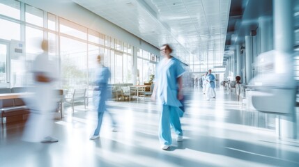 doctors and nurses walking in hospital with blurred motion.
