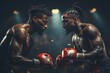 Two professional boxers facing off in the ring, each determined to claim victory in front of a packed stadium.The intense atmosphere is heightened by the glare of the bright lights, casting dramatic s