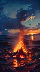 Wall Mural - Large burning bonfire with soft glowing flame and sparkles flying all around. Romantic summer evening, people relaxing and enjoying calmness at the seaside during the Night 4K Video