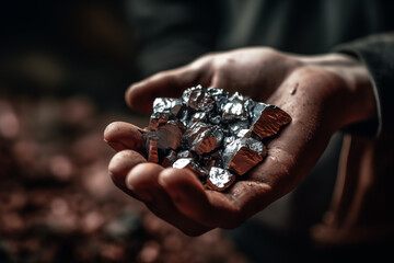 Copper nugget in hands of miner. Gold rush. Copper in hands of the Gold Miner after gold mining. Miner Digging ore. Geologist extracts iron ore and Copper metal. Mining ore.