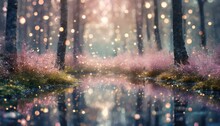 Fairy Land Soft Pale Pink Forest. Small Reflective Pond And Sparkle Dust, Ai Generate 