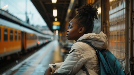 Sticker - Women and travel, tourism concept,black woman passenger waiting on railway station ,