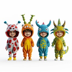 Wall Mural -  Four cute kids in baby outfits with animals. Funny kids in costumes, cute boys and girls. Carnival clothes. Different kigurumi costumes. Halloween and birthday clothes.