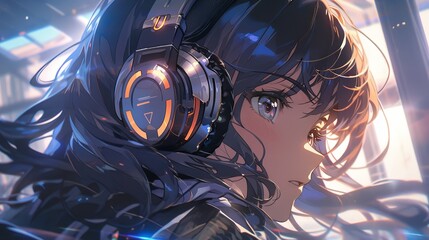 Wall Mural - Anime girl with headset vibing to music in a cyberpunk steampunk city with dramatic lighting and illustration style