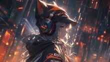Anime Girl With Headset Vibing To Music In A Cyberpunk Steampunk City With Dramatic Lighting And Illustration Style