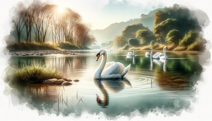 Wall Mural - Landscape Watercolor of White Swans on a River