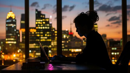 Wall Mural - Silhouette of a businesswoman working late with city skyline backdrop, illustrating dedication and urban business life,