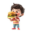 A boy holds a large cheeseburger and bites into it, cartoon character, 3d rendering, isolated or white background