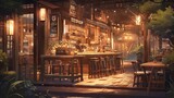 Fototapeta  - Anime-style illustration of a cozy cafe interior with wooden furniture and orange lighting, anime chill hip stream overlay loop background