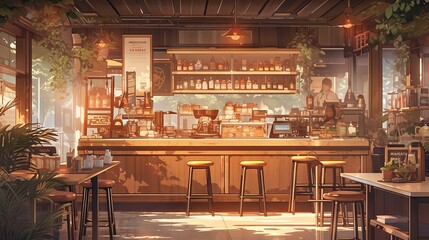 Anime-style illustration of a cozy cafe interior with wooden furniture and orange lighting, anime chill hip stream overlay loop background