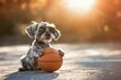 Grace. Adorable silver color Weinerman dog play in basketball on summer vacation with modern sunglasses. Concept of rest, sport, adventures 