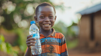 Happy african boy with water bottle in hand