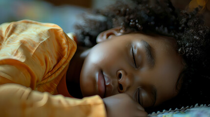 Wall Mural - A cute little child with curly hair is sleeping on a bed.