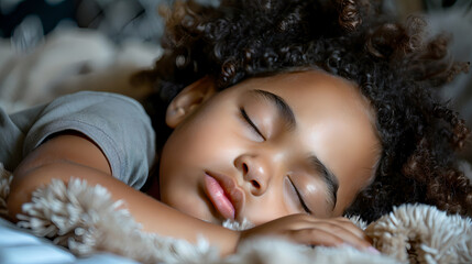 Poster - A cute little child with curly hair is sleeping on a bed.