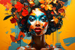 © Cherstva - Modern painting in pop art style of young beautiful woman with flowers in her hair on bright colorful background. Contemporary trendy stylish drawing in bold hues