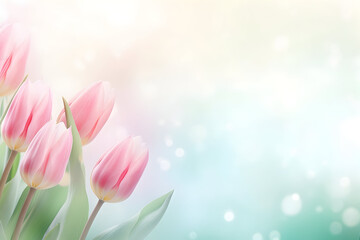  A cluster of pink tulips on a blue and white backdrop