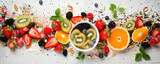 Fototapeta Uliczki - Top view photo of mix of fresh fruit and nuts on white background, healthy food concept