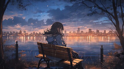 Poster - Captivating anime girl sitting on a bench at night: aesthetic wallpaper with muted colors and bright lights