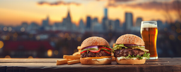 Wall Mural - Finest hamburger and beer on table against blured city background