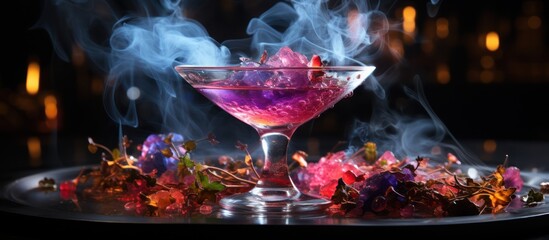 Poster - portrait of blue and purple smoky cocktail on dark background