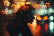 An evocative double exposure portrait capturing a woman's silhouette against a backdrop of vibrant city lights. The blur effect enhances the dreamlike urban atmosphere.