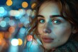 Close-up portrait of a freckled woman with captivating blue eyes, set against a backdrop of colorful bokeh lights.