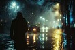 A lone man stands in the rain at night, surrounded by the glow of street lights and a misty urban atmosphere.