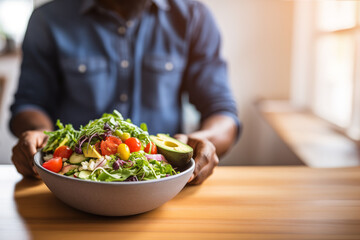 Wall Mural - Sporty man prefers healthy vegetarian salad at home. Man takes moment to appreciate variety and freshness of healthy vegetarian meal in kitchen, copyspace