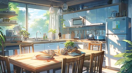 Anime-style illustration of a cozy and stylish kitchen with white furniture, dining table, and natural light