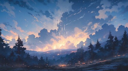 Wall Mural - moonlit night sky with clouds: a dramatic and aesthetic anime illustration