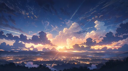 Wall Mural - moonlit night sky with clouds: a dramatic and aesthetic anime illustration