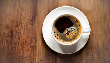 Wall Mural - Cup of coffee on wooden table, top view; close up; dark brown background