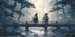 © Ameer - Epic duel of samurai warriors with swords on wooden bridge in ancient Japanese forest, realistic anime art