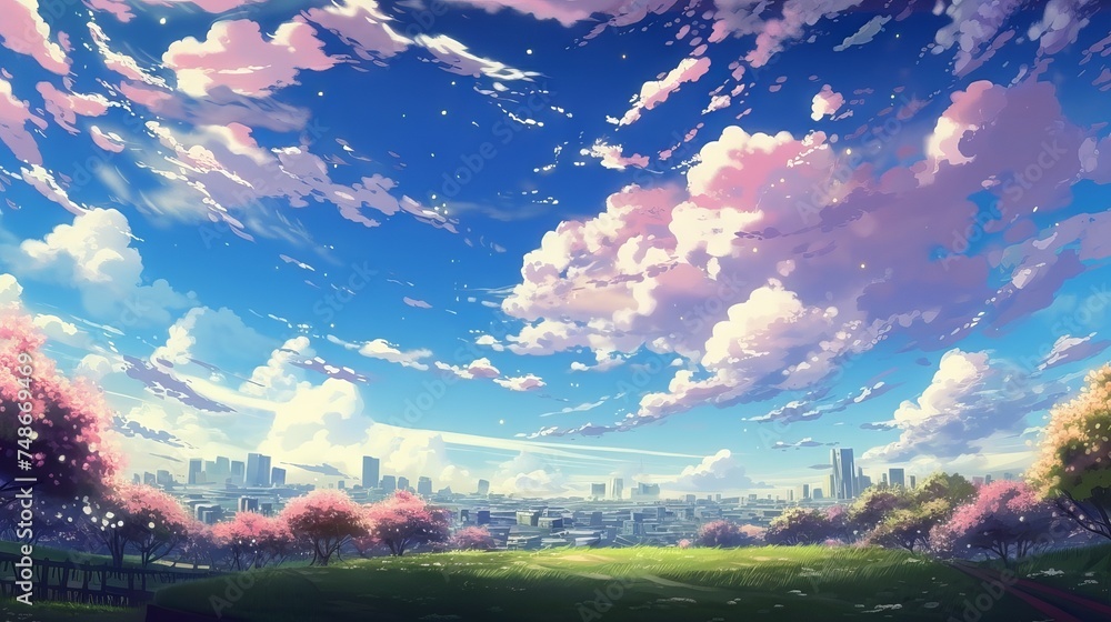 Sakura blossoms and clouds in anime style: a wide angle view of a ...