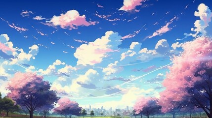 Wall Mural - sakura blossoms and clouds in anime style: a wide angle view of a japanese landscape