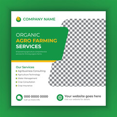 Organic agro farm and agriculture service social media post design or web banner template design. Agricultural and Farming Services social media banner template design or organic farming square flyer.