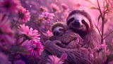 Fototapeta Sport - Cinematic photograph of sloth and baby in a field full of blooming flowers. Mother's Day. Pink and purple color palette.