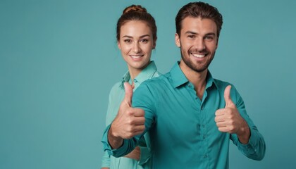 Sticker - Happy couple in coordinated teal clothing showing thumbs up, blue background.