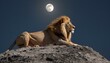 Lion is sitting on top of a mountain At night above moon one by