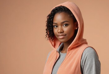Wall Mural - Casual young woman smiling in a grey and peach hoodie. She looks comfortable and at ease in her outfit.