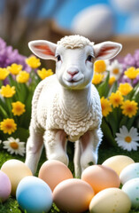 Wall Mural - Easter lamb with colorful eggs and spring flowers on green grass, easter background