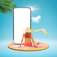 Wall Mural - Big smartphone and woman sunbathing on the beach