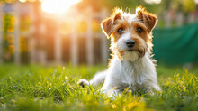 Wire Fox Terriers Are Playful And Energetic Dogs Who Love To Run Around In The Garden On The Green Grass.