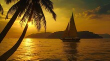 A Yacht Cruising In The Sunset On A Bay In Thailand.