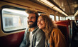 © Filip - Happy young couple sitting in the train , traveling to their vacation by train.  Active lifestyle concept